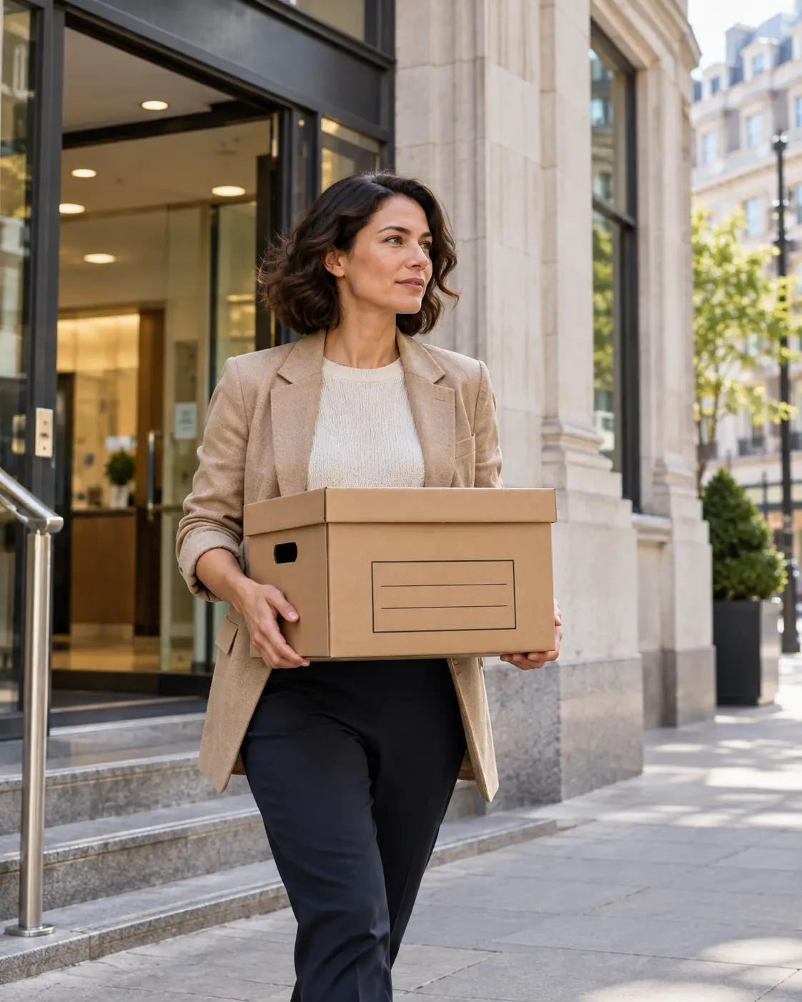 Small-business owner outside an unbranded bank branch, carrying a closed archive box