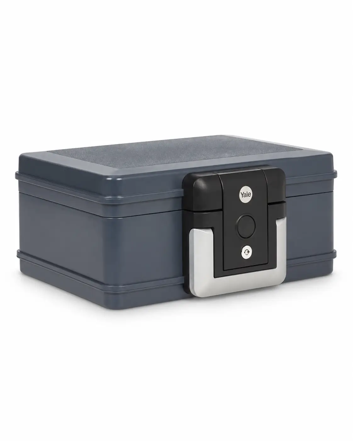 Accurate three-quarter product view of Yale Small Fire Chest YFC/154/KB1 showing the grey casing and front lock