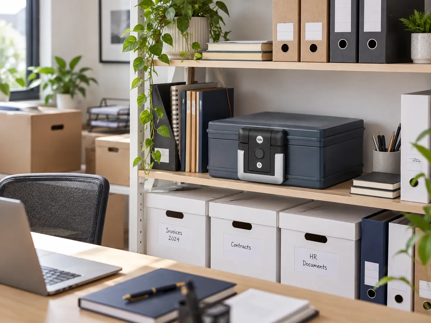 Neat compact office shelving with a small labelled document archive and work folders