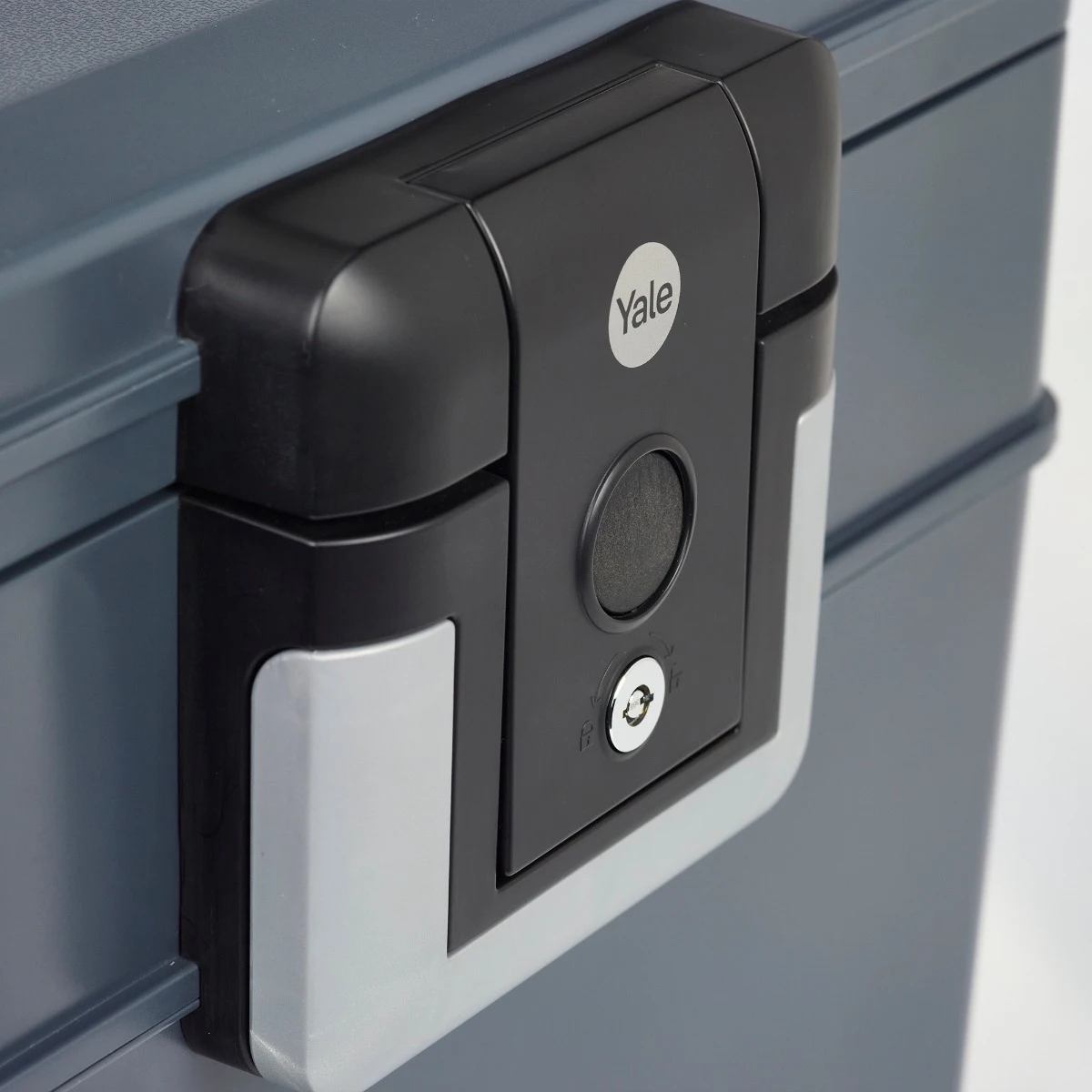 Close-up of the Yale Small Fire Chest key locking mechanism and grey finish